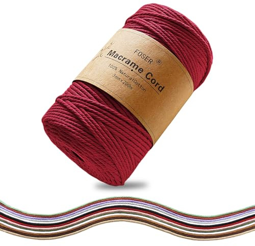 FOSER Premium Makramee Garn 3mm×200m, Baumwollgarn Baumwollkordel, für DIY Deko Handwerk Boho wanddeko (Bordeauxrot)