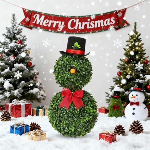 Christmas Holly Ball Outdoor Tree, Green Artificial Snowman-Shaped Topiary Tree Pot Fake Easter Plant, Easter Snowman Topiaries Plant For Porch Decoration Outdoor/Indoor (Green-1)