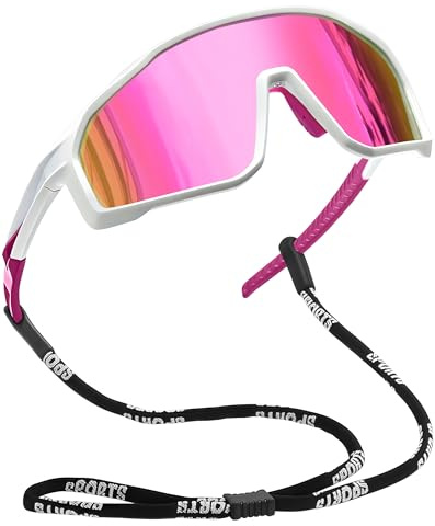 Joopin Gafas Ciclismo Hombre Polarizadas Envolventes Gafas de Sol Deportivas Mujer Protección UV400 para Running Bicicleta Montaña Montura Blanca TR90 Ligera Lente Espejo Rosa