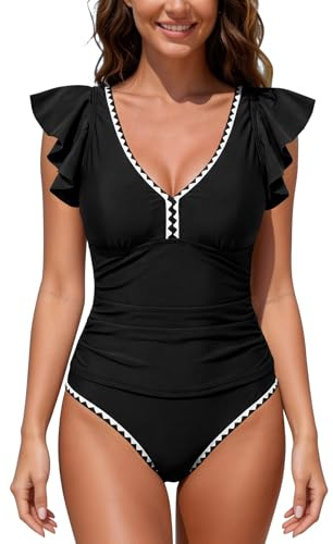 SHEKINI Womens Tankini Two Piece Tummy Control Swimsuit Black, Large