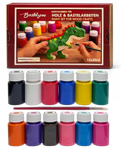 Akrylfärger set med pensel – 12 färger per 30 ml, för duk, trä, papper och pysselarbeten, vattenbaserad, högpigmenterad, hög täckning och snabbtorkande (12 färger)