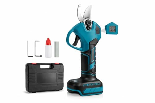Forbice da Potatura con Display, 2 anni di Garanzia, Doppia Batteria 48V, Kit accessori, Carica Batterie incluso, Cesoia da potatura Elettrica, Cesoie per Giardinaggio