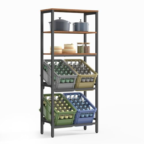 SONGMICS Dryckesbackshylla, Förvaringshylla med 5 Hyllor, Lutande Design | Stål och Spånskiva, 70,4 x 36,4 x 180 cm, för Kök och Källare, Rustik Brun och Matt Svart, BARNET Kollektion BSC375K101