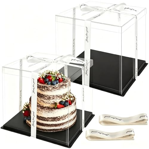 Otauoaea Lot de 2 Boite a Gateau Transparente, 30x30x25cm Boite Gateau Plastique avec Fond de Gâteau Noir et Ruban, Cake Box Transparent Boîte à Gâteaux, Boîtes de Cadeau Transparent pour Gâteaux