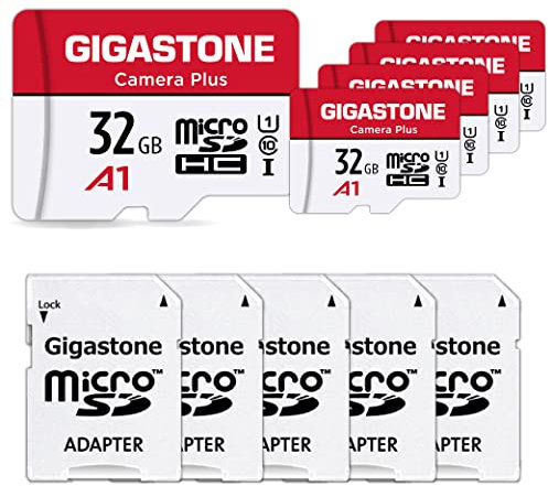 GIGASTONE 32GB Tarjeta de Memoria Micro SD, Paquete de 5, Camera Plus, Compatible con Nintendo Switch, Alta Velocidad 90 MB/s, Grabación de Video Full HD, Micro SDHC UHS-I A1 Class 10, con Adaptador