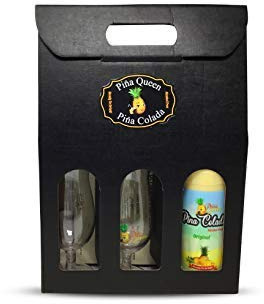 Pina Queen Premium Pina Colada Gift Set. Original Flavor. Box With Pina Queen Pina Colada, 2 Fancy Glasses, 2 Paper Straws, 2 Coasters, 2 Drink Umbrellas, 2 Bamboo Skewer Picks, Recipe Card