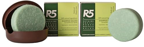 R5, Kit 2 x Shampoo Solido Idratante al Profumo di Fiori e Frutta e 1 Portasapone in Plastica 100% Riciclata, Prodotti Made in Italy, Idea Regalo