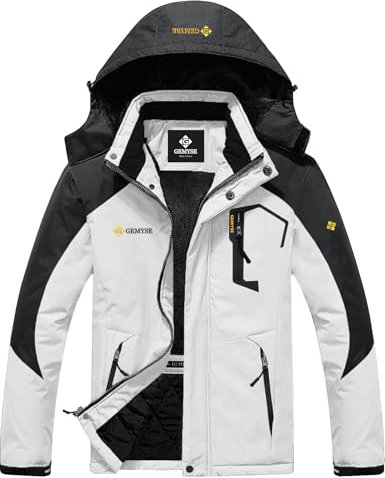 GEMYSE Herren Warme Skijacke Berg Winddicht Wasserdicht Atmungsaktiv Multi-Pocket Outdoor-Winterjacke mit Kapuze(Weiß Dunkelgrau,2XL)