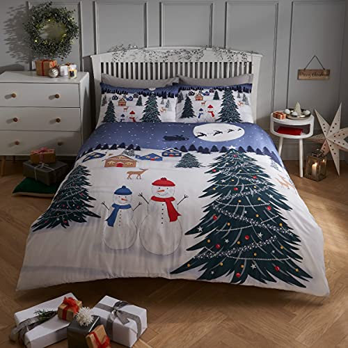 Sleepdown Christmas Scene Snowman Glow In The Dark Soft Easy Care Duvet Cover Quilt Bedding Set with Pillowcase, White Navy, Single (135cm x 200cm)