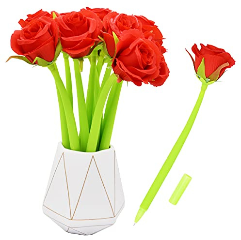 SIPLIV Bolígrafo de tinta de gel con diseño de flores artificiales creativas, color negro líquido, 0,5 mm, para niñas y mujeres, suministros escolares de oficina, rosa roja