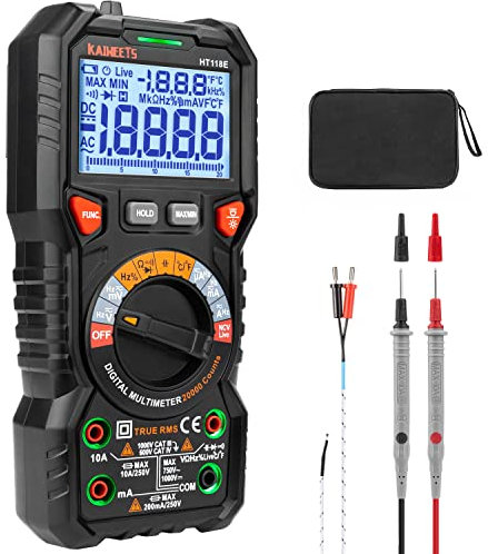 KAIWEETS HT118E Multimetro Digital Profesional 20000 Cuentas, Polimetro Autorango para Medir CA/CC Corriente y Tensión, NCV, Capacitancia, Continuidad, Resistencia, Temperatura, Diodo, Live