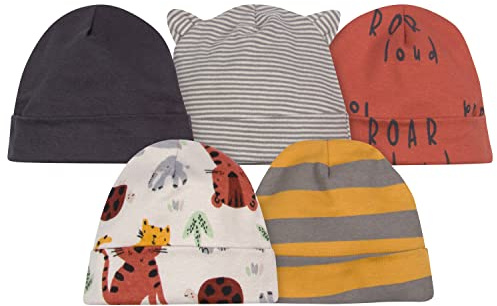 Gerber Baby Boys 5-Pack Caps, Orange Safari, 0-6 Months
