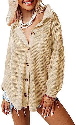 Dokotoo Women Waffle Knit Tops Long Sleeve Plus Size Shacket Apricot M