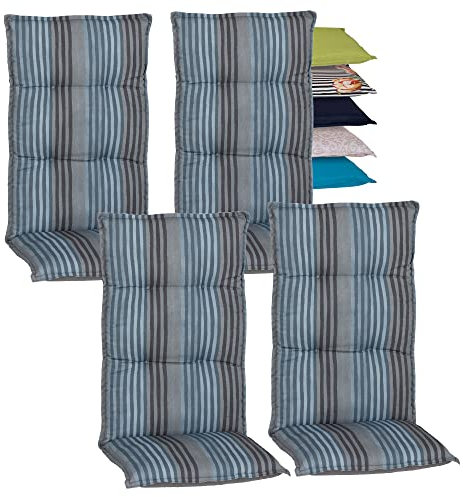 Beo Hochlehner-Auflagen 4er Set UV-beständig Turin | Made in EU Premium-Qualität | Gartenstuhl-Auflagen waschbar | Atmungsaktive Stuhlauflagen Hochlehner | Sitzauflagen mit Streifen Grau-Blau