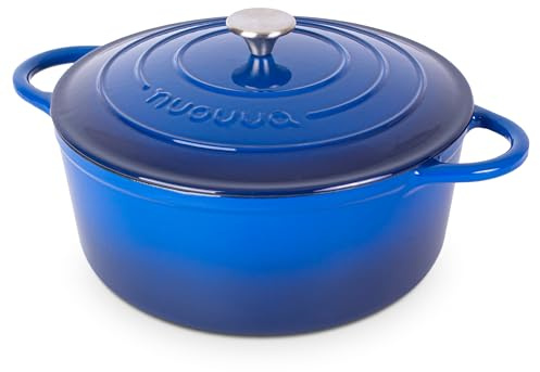 Nuovva Enamelled Cast Iron Dutch Oven Pot with Lid – 7.3 Quart Casserole Dish – Ceramic Dutch Oven for Bread Baking, Roasting, Braising & Stews – Oven Safe up to 500°F – 30cm Dark Blue