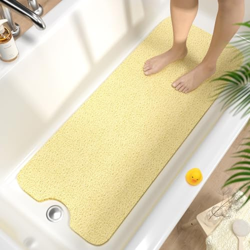 HITSLAM Alfombra de Bañera Antideslizante 100x40cm, Extra Largo Alfombra Ducha Antideslizante, Loofah de PVC Suave Alfombra Baño, Secado Rápido Alfombrilla Bañera, Sin Ventosa, Beige