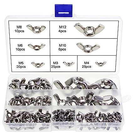 BYUTFA 100-teiliges Butterfly-Flügelmutter-Sortiment-Set, 3/4/5/6/8/10/12 cm, Edelstahl-Befestigungsschraubenteile, silberfarbene Flügelmutter