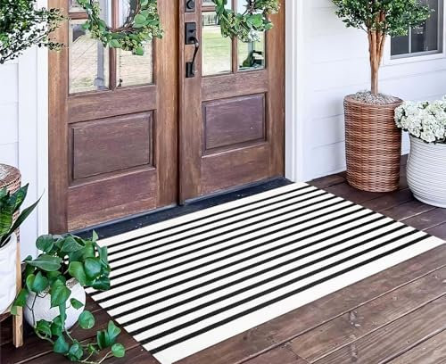 Schwarz-weiß gestreifter Outdoor-Teppich, 61 x 130 cm, handgewebt, maschinenwaschbar, für Innen- und Außenbereich, geschichtete Fußmatten für Eingangsbereich/Schlafzimmer/Außenbereich