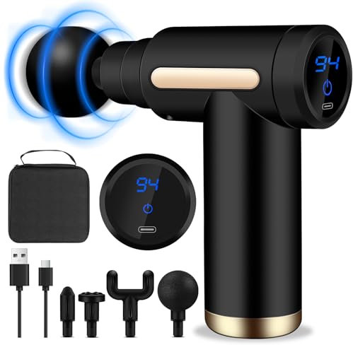 AQXONG Mini Muskelmassagepistole, Tragbares Elektrisches Massagegerät mit LCD Display, Ultraleise Massagepistole 45DB, 6 Geschwindigkeiten, 4 Massageköpfe, Wiederaufladbare Massagepistole (Schwarz)