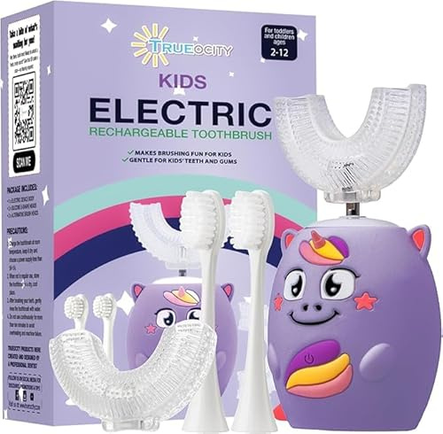 Trueocity Spazzolino da denti elettrico a forma di U per bambini, automatico, ricaricabile, per bambini e piccoli (unicorno viola)