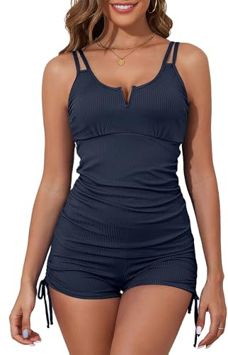 Bsubseach Womens Tankini 2 Piece Bathing Suits Tummy Control Swimsuits Tops with Boy Swim Shorts Navy Blue M