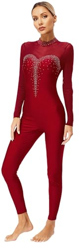 Jugaoge Women's Gymnastics Dance Unitard One Piece Dancewear Long Sleeve Rhinestone Leotard Catsuit Burgundy S