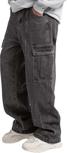 Mens Baggy Jeans for Men Women Y2k Skater Vintage Plain Pants Multiple Pockets Casual Wide Leg Loose Fit Cargo Denim Jeans Light Grey
