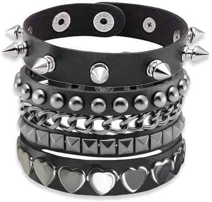 HUSHRICH 3Pcs Punk Studded Bracelet, Punk Rock Spiked Leather Bracelets for Men Women 80s 90s Wristband Adjustable Wristband Cuffs for Halloween Accessories, Cosplay Party Favors