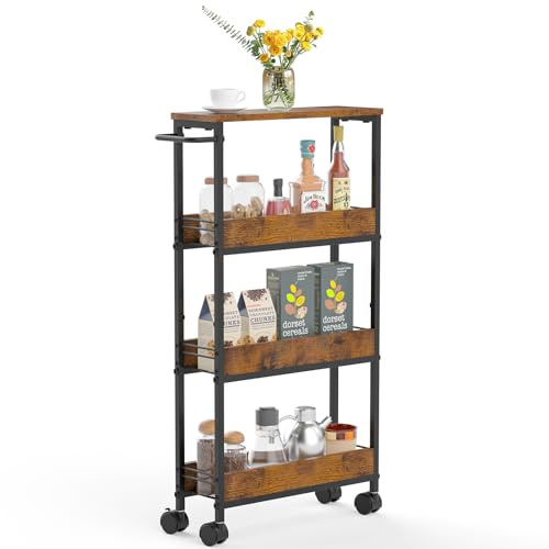Suhu Rollwagen 4 Ebenen mit Griff Küchenwagen Schmal Servierwagen Holz Nischenwagen auf Rollen für Bad Büro Wohnzimmer 40x13x78cm Stahl (Braun +Schwarz)