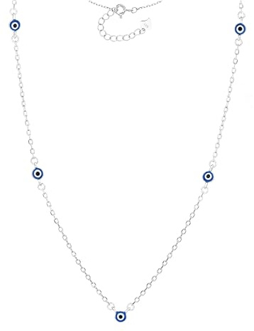 MYSTIC JEWELS Smycken Halsband Dam i 925 sterlingsilver med 5 emaljerade turkiska ögon marinblå - minimalistisk design 40 + 5 cm - med presentpåse, Unico Tamaño, Silver, Ingen ädelsten
