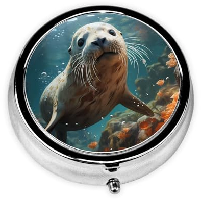 JKDGOJ Seal pup in Water Pattern Round Mini Pill Box with 3 compartments for Pill Storage and Portable Travel