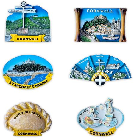 LILAJ Cornwall 3D Fridge Magnets – Set of 6 Resin Souvenirs, Hand-Painted UK Travel Home Decor Gift – Strong Decorative Magnets, Cornish Pasty, Land’s End, St Michael’s Mount, Cream Tea, Tourist Gifts