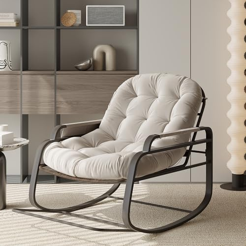 MOTUZP Fauteuil à bascule en rotin avec repose-pieds, fauteuil à bascule d'extérieur, avec coussin amovible, grande chaise à bascule, avec accoudoirs, pour balcon, jardin et salon, beige, taille XXL