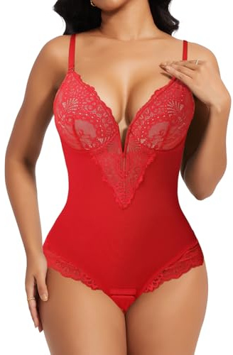 SHAPERIN Body Sculptant Femme Gainant Amincissante Ventre Plat Body String Dentelle Shapewear Bodysuit Tops, Rouge, L