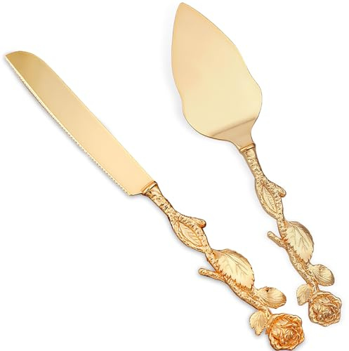 Houbobo Cake Cutting Set for Wedding, Metal Cake Pie Pastry Servers, Elegant Gold Cake Knife and Server Set Perfect for Birthdays, Weddings, Parties and Christmas Events