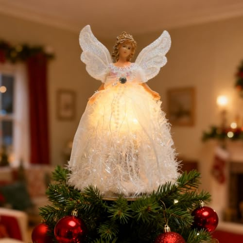 Christmas Angel Tree Topper, Angel Tree Top Figurine Xmas Tree Fairy Topper Light Up Treetop Pendant With Wings for Christmas Tree Home Party Decor