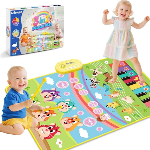 MOMUSE Tappeto Musicale con Gioco Colpisci la Talpa, Tappeto Pianoforte 3 in 1 per Bambini 1 2 3 Anni, Giocattoli Sensoriali Montessori per l'Apprendimento Precoce, Regali di Compleanno per 3 4 5 Anni