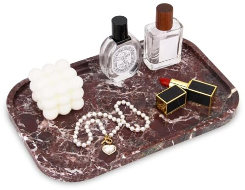 Bandeja Mármol para Baño, Bandeja Portaobjetos Moderno Decoraciones Vaciabolsillos Entrada Organización para Velas Cocina Tejidos Jabón Champú Cosméticos (Rojo Púrpura, 30 x 20 x 1.8 cm)