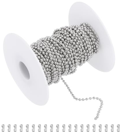 sourcing map Catena a sfere da 10 m, in acciaio inossidabile, rotolo con 20 connettori per appendere ornamenti, targhette per cani, portachiavi, decorazioni natalizie (argento, diametro esterno 2,4 mm