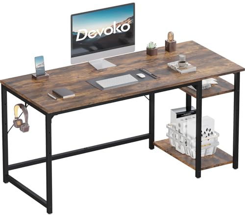 Devoko Scrivania Per Computer Industriale 140 x 50 cm, 2 Ripiani Regolabili Sinistra/Destra in Acciaio, Tavolo da Lavoro Mobile per Ufficio Casa Stile Vintage Marrone & Nero