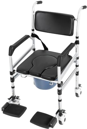 Silla de ducha con ruedas con 4 ruedas bloqueables, silla de ducha 3 en 1, silla de inodoro plegable para personas mayores, silla de baño portátil, capacidad de carga de 160 kg, antideslizante para