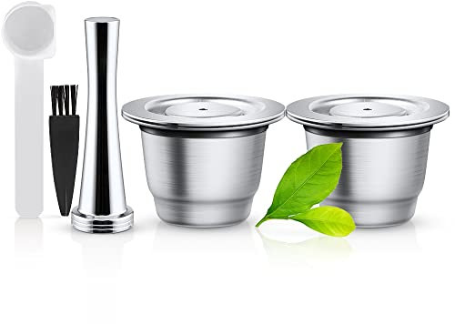 i Cafilas Nespresso-Kapseln wiederverwendbar, Edelstahl, 2 Stück wiederbefüllbare Pads für Nespresso+ 1 Tamper + 1 Löffel + 1 Bürste