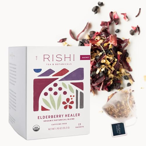 Rishi Tea Elderberry Healer Herbal Tea - Organic, Caffeine Free Sachet Bags, Antioxidant Elderberry with Ginger & Hibiscus - 15 Count (Pack of 1)