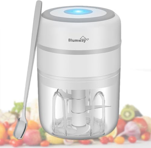 BlumWay Mini Zwiebelschneider, 250ML Mini Knoblauchhacker Gemüsezerkleinerer Elektrisch Zerkleinerer mit 3 Scharfen Klingen für Knoblauch Gemüse Obst Fleisch Multizerkleinerer