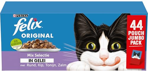 Felix Mix Auswahl in Gelee Katzenfutter, Nassfutter Mahlzeitbeutel mit Rund, Huhn, Lachs & Thunfisch, 44 x 85g (44 Mahlzeitenbeutel; 3,7kg)
