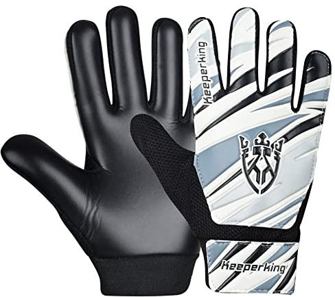 Keeperking - Guanti da portiere per bambini, ragazzi e ragazze, guanti da calcio, taglia 7, colore nero e bianco