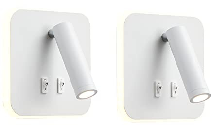 uksunvi Lámpara de pared LED, lámpara de pared de lectura junto a la cama, lámparas de lectura de pared LED de 12 W, foco ajustable （3 W + 9 W 3000 K luz cálida） (blanco cuadrado 2PCS)