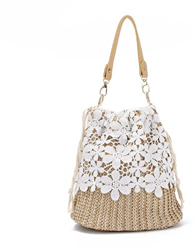 LHHMZ Sac de Plage d'été pour Femmes Sac en Paille Sac à bandoulière en Dentelle à Fleurs Sac de Voyage en Paille