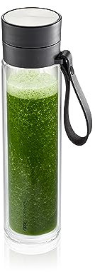 GEFU Glastrinkflasche COMPANION 450 ml | Doppelwandig mit Teesieb & Filzhülle, für Tee & kalte Getränke | Isolierend, auslaufsicher mit Lederschlaufe