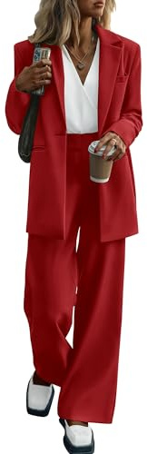 KIRUNDO Women Suits 2 Piece Set Business Casual Dressy Oversized Blazer Jacket and Wide Leg Dress Pantsuits Formal Outfits(Red, Medium)